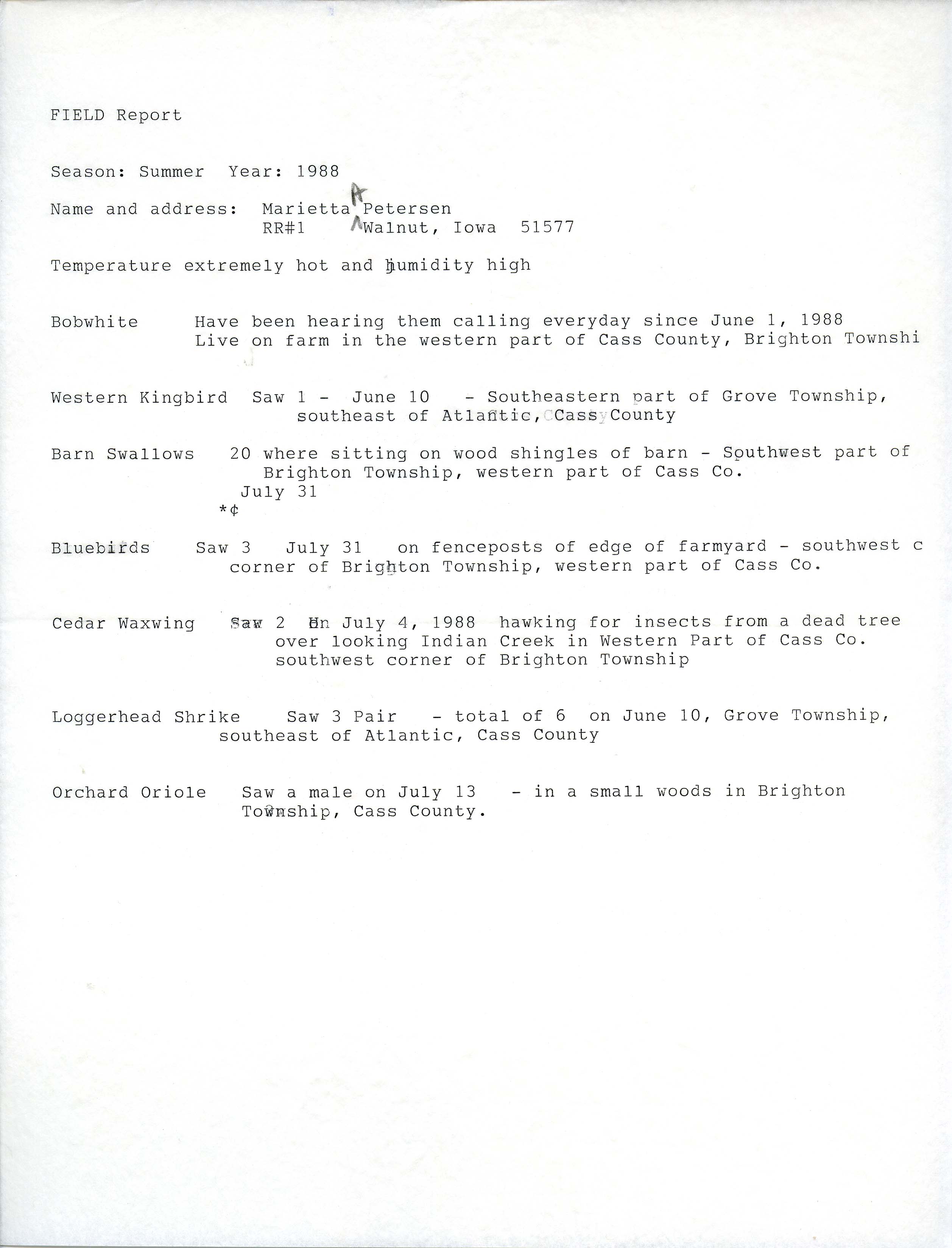 Field notes contributed by Marietta Petersen, summer 1988