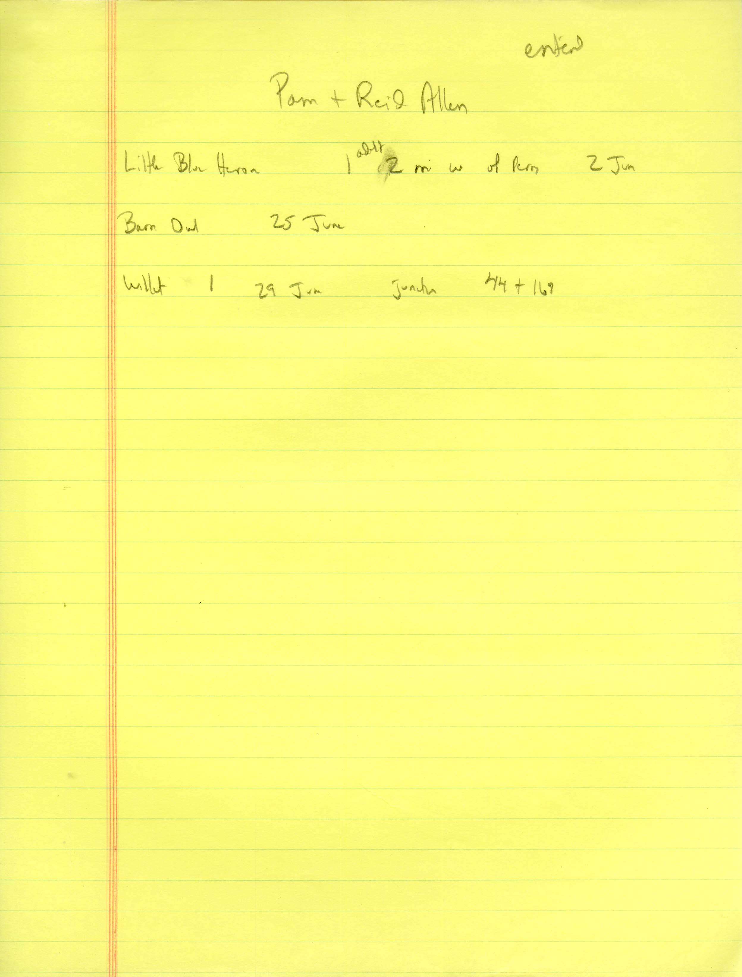 Field notes contributed by Pam Allen and Reid I. Allen, summer 1991