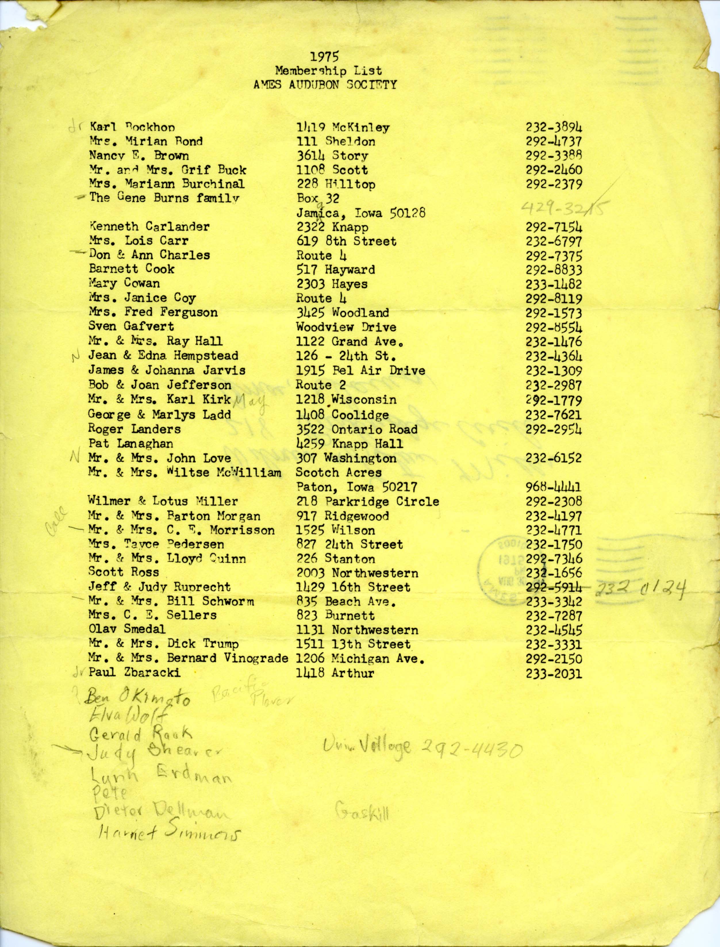 Ames Audubon Society membership list, 1975