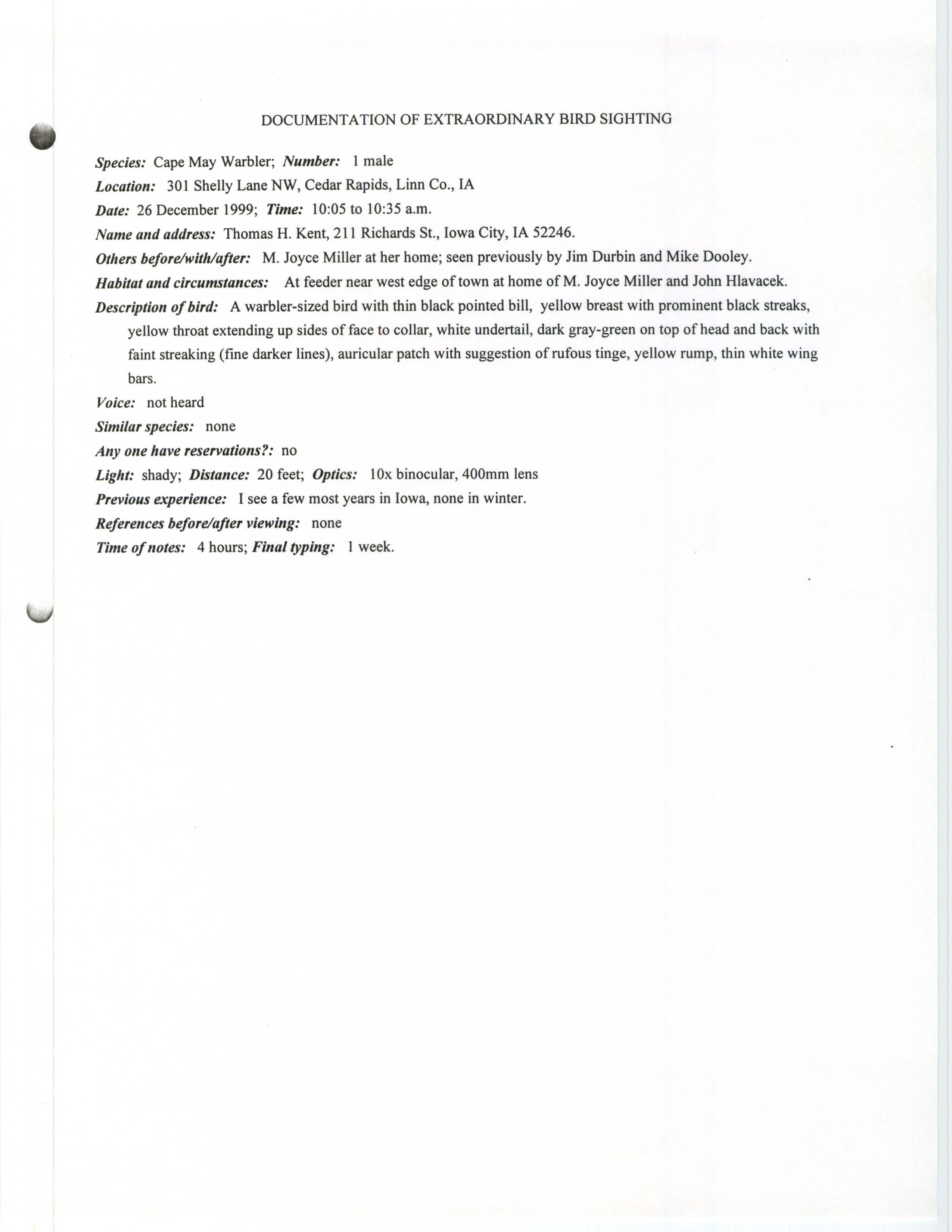Rare bird documentation form for Cape May Warbler at Cedar Rapids, 1999