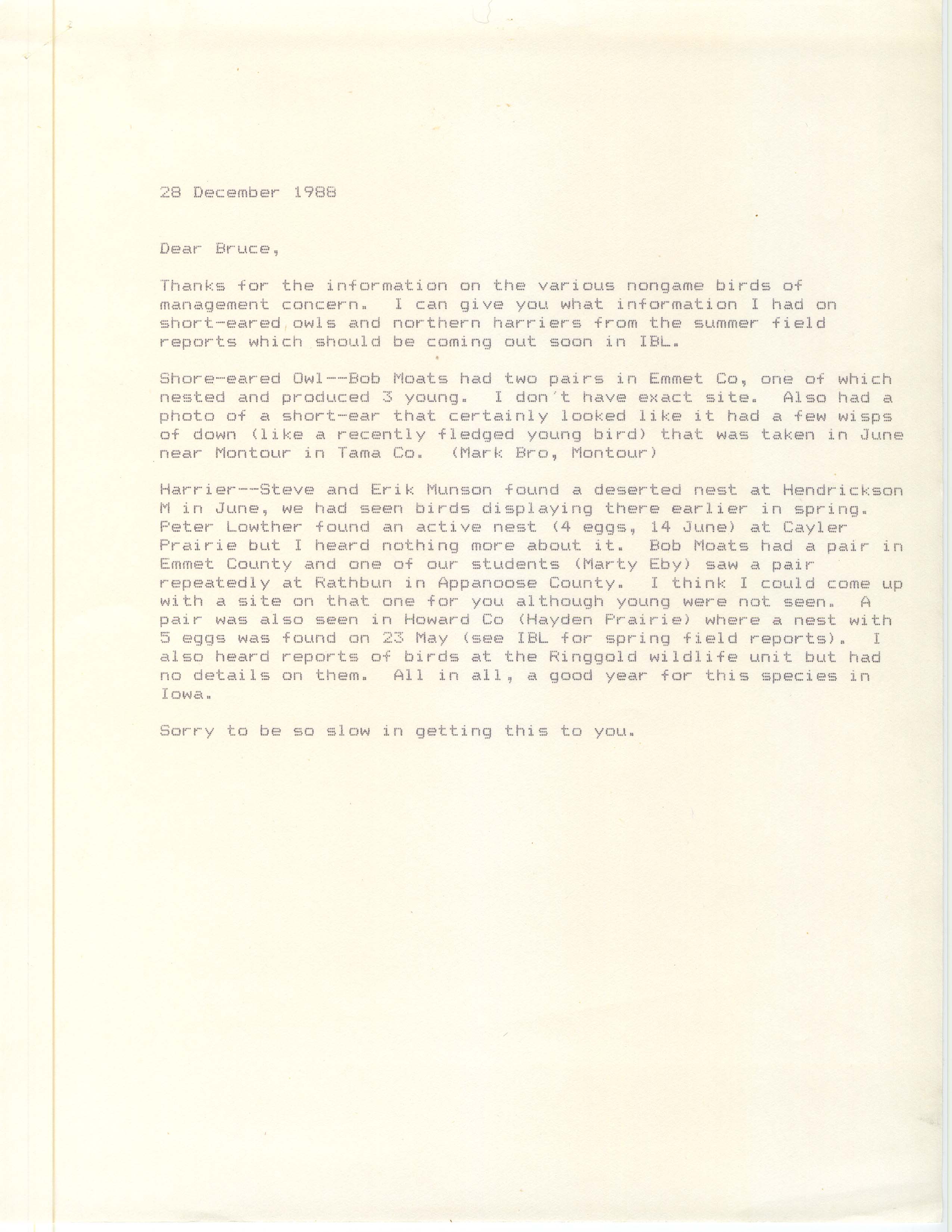 James J. Dinsmore letter to Bruce Ehresman regarding Short-eared Owls and Northern Harriers , December 28, 1988