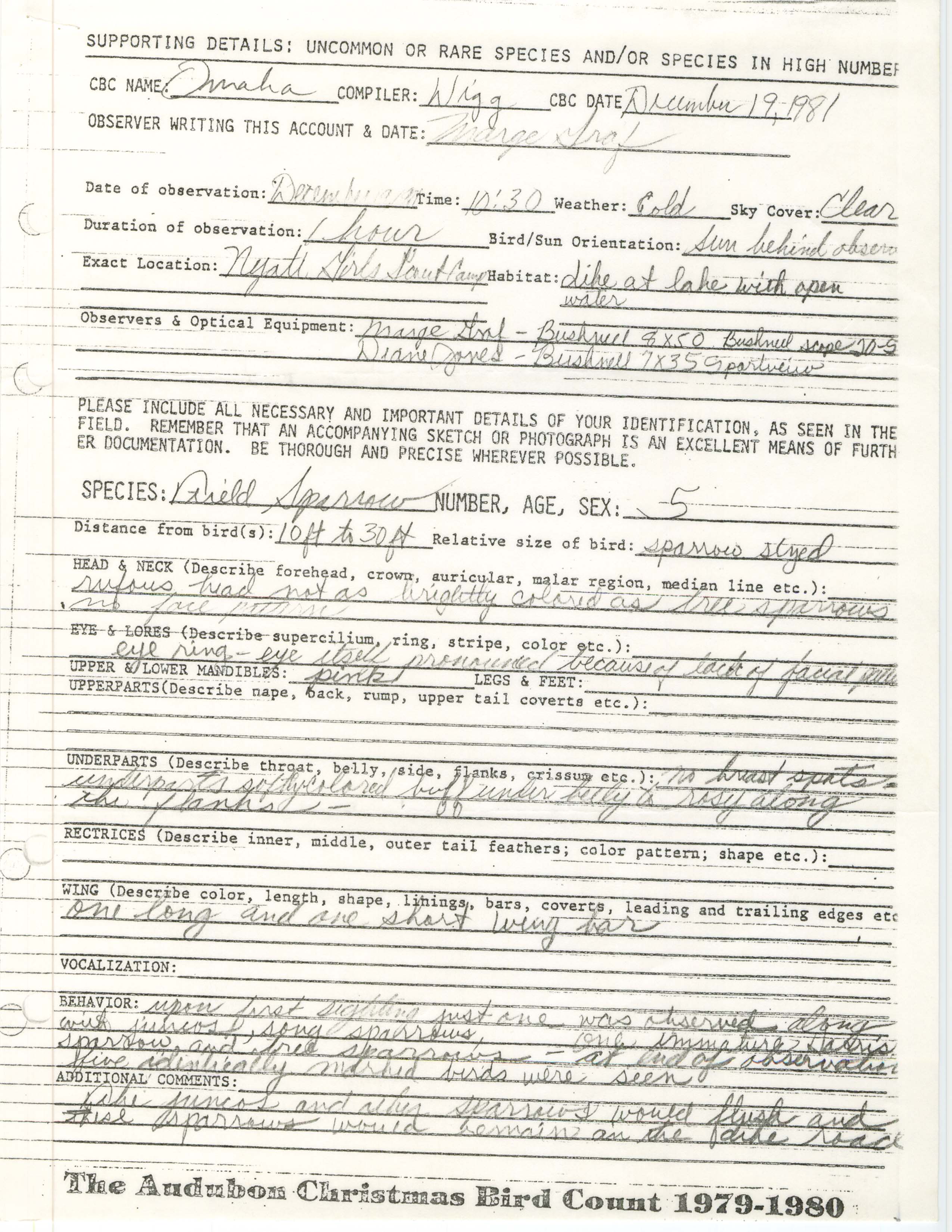 Rare bird documentation form for Field Sparrow at Nyatt Girls Scout Camp in Nebraska, 1981