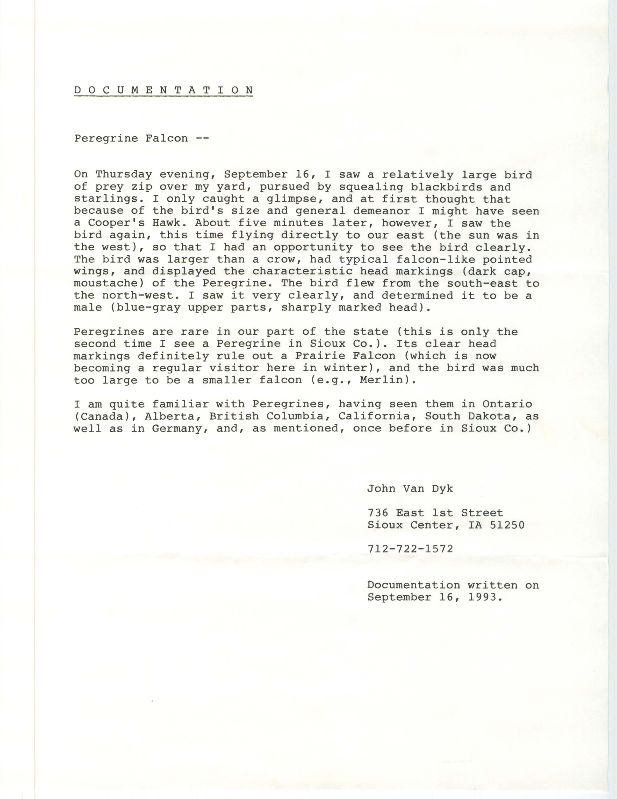 Rare bird documentation form for Peregrine Falcon at Sioux Center, 1993