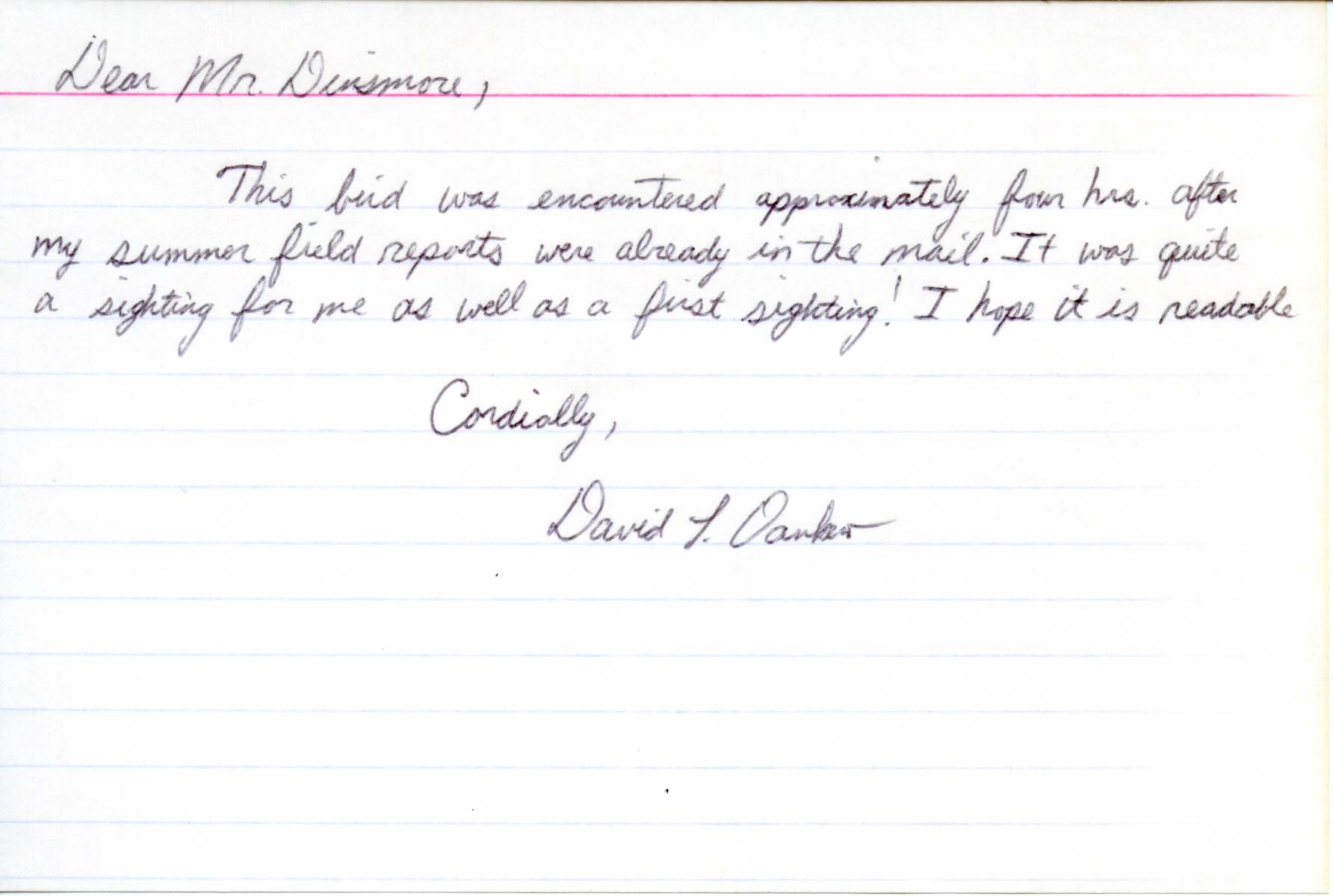 David Dankert note to Jim Dinsmore regarding additional sighting, summer 1995