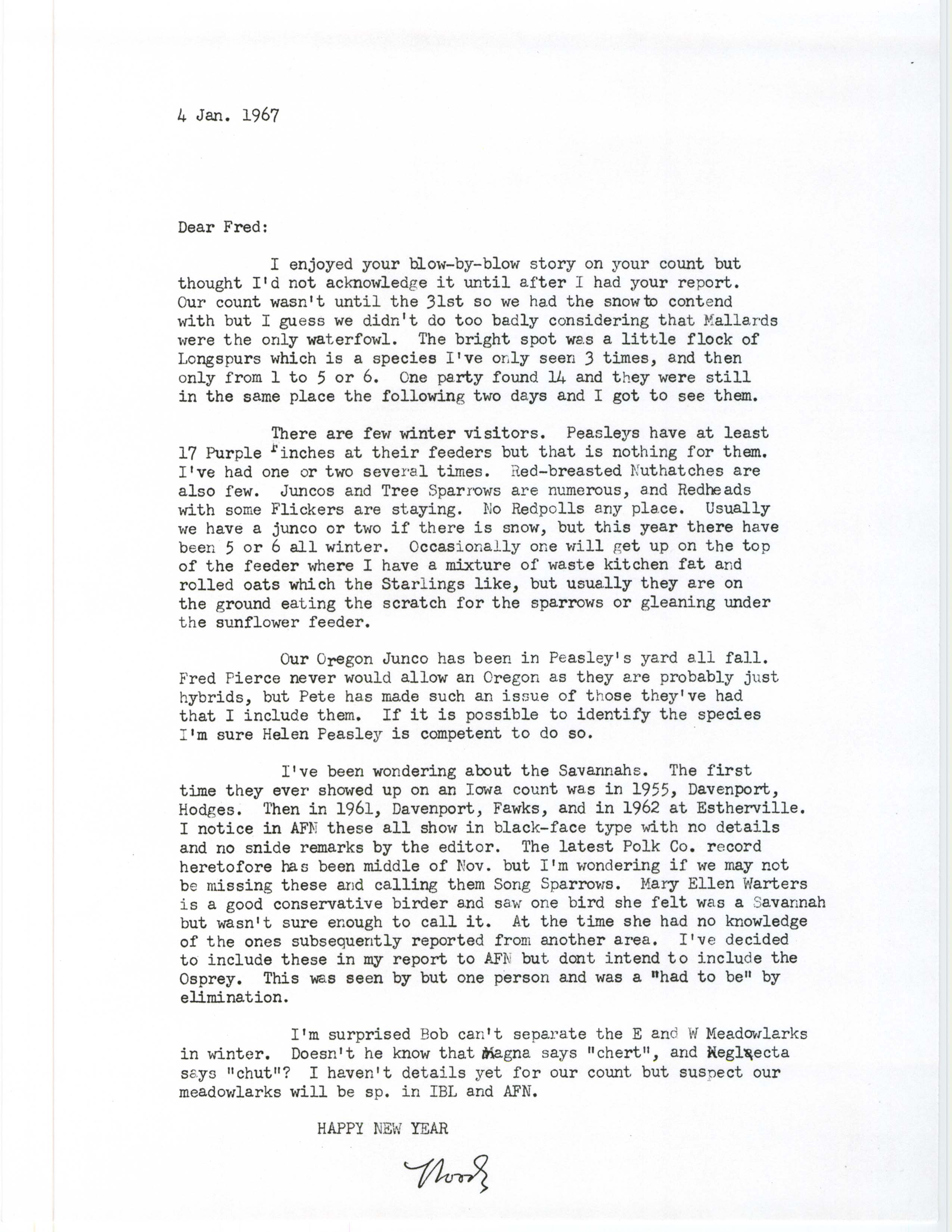 Woodward H. Brown letter to Fred Kent about birding sightings for the fall and winter of 1966 and a Christmas Bird Count, January 4, 1967