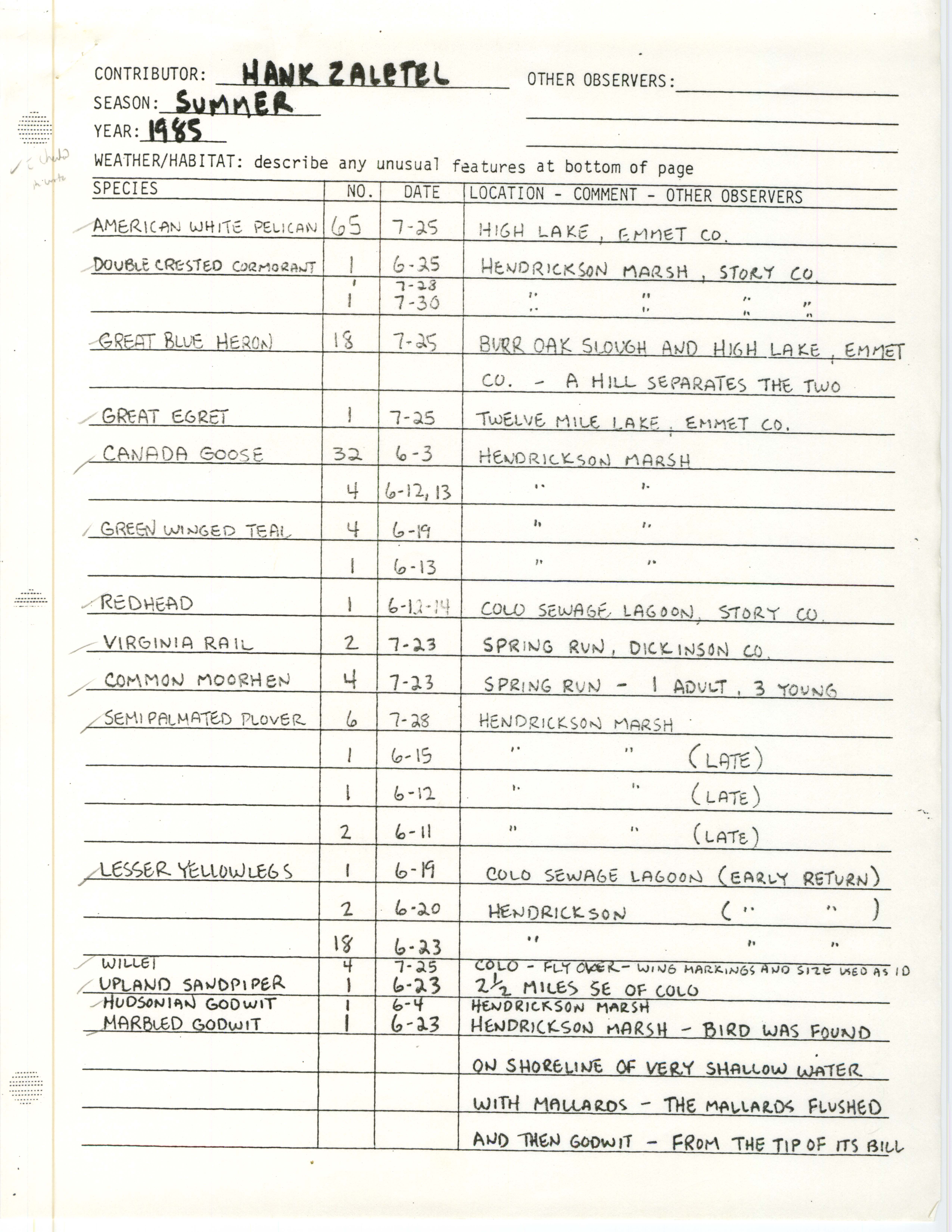 Field notes contributed by Hank Zaletel, summer 1985