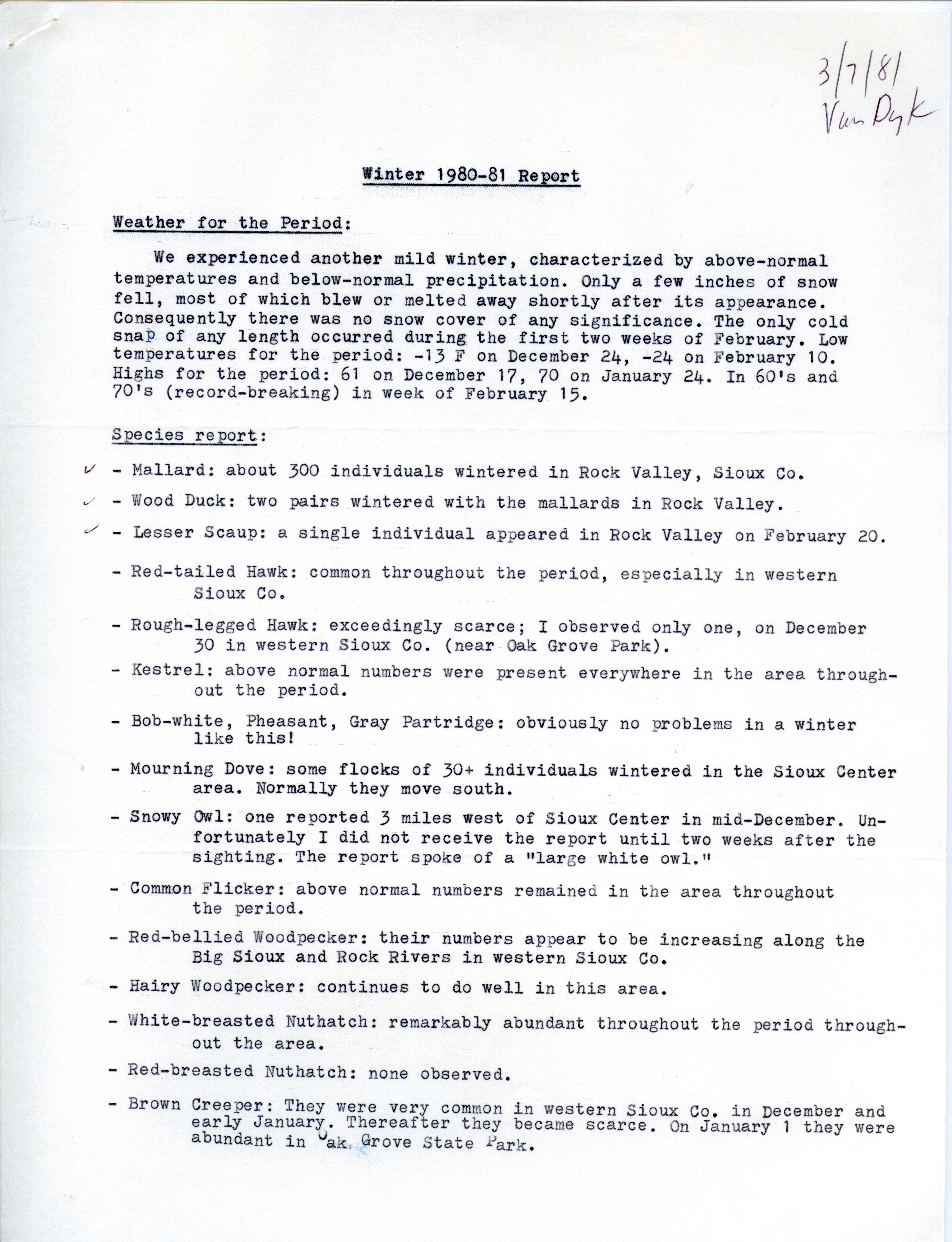 Winter 1980-81 report by John Van Dyk