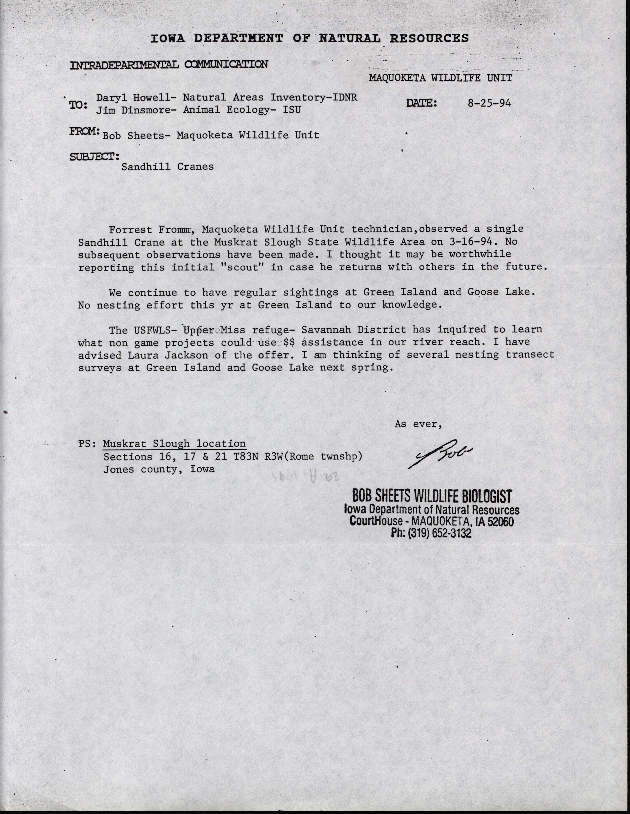 Bob Sheets letter to Daryl Howell and Jim Dinsmore regarding Sandhill Crane sighting, August 25, 1994