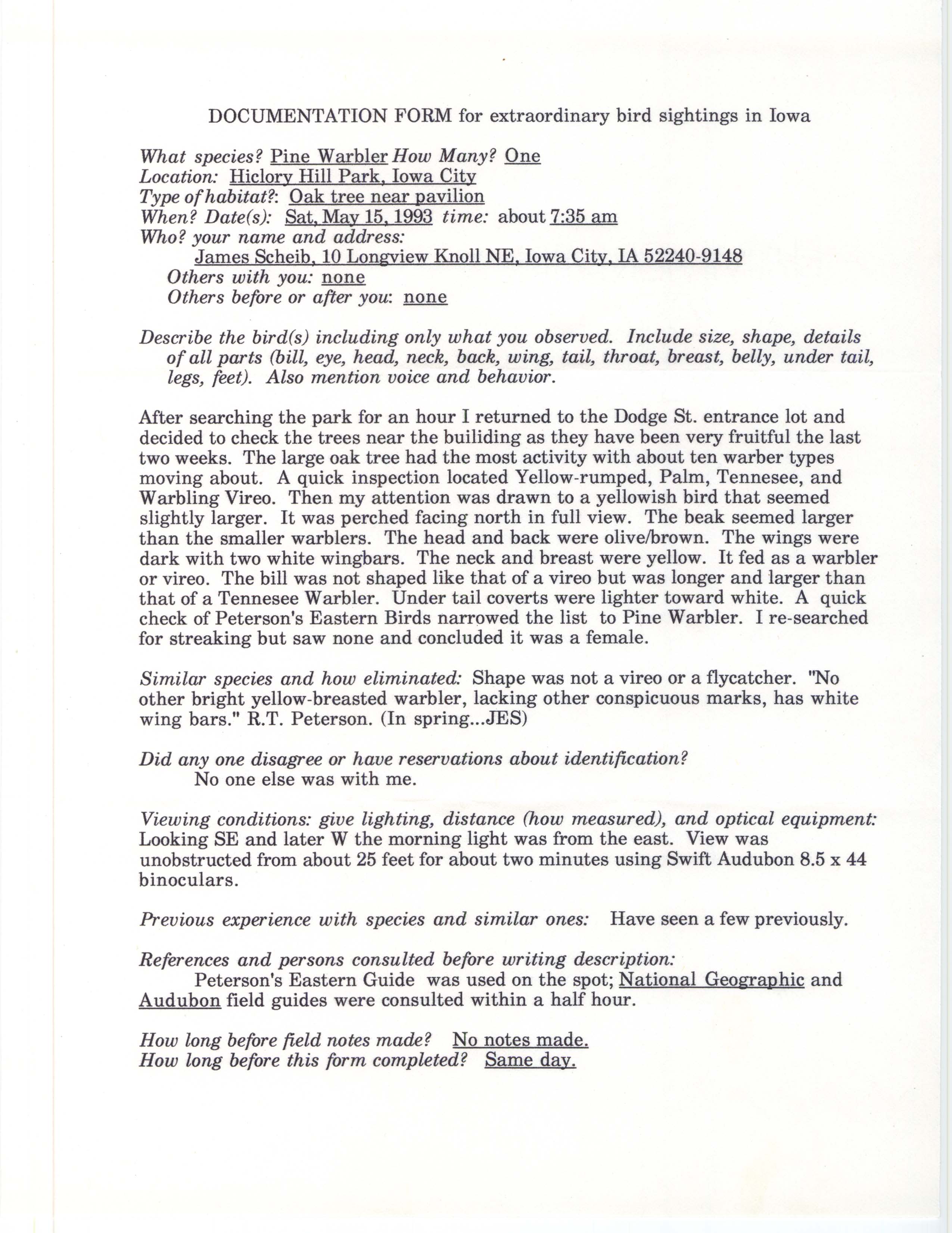 Rare bird documentation form for Pine Warbler at Hickory Hill Park in Iowa City, 1993